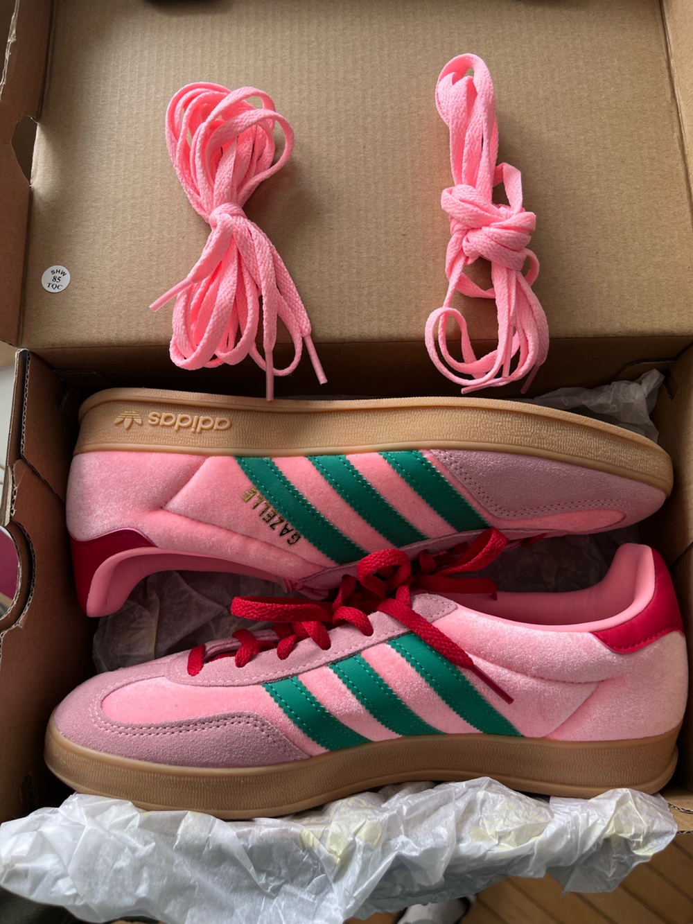 adidas Gazelle Pink with Green Stripes & Gum Sole